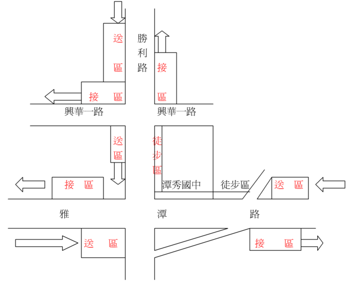 接區：1.雅潭路上與勝利路交會口(仁愛眼鏡潭子店)2.雅潭路上往西與南門街交會口3.勝利路上與興華一路交會口(佳佑診所)3.興華一路上與勝利路交會口(中野安全帽潭子店)。送區：1.雅潭路上東向(潭子印尼商店)2.雅潭路上與勝利路交會口(潭秀好康黃昏市場)3.勝利路上與興華一路交會口(50嵐潭子勝利店)4.勝利路上與興華一路交會口(全聯福利中心潭子店)