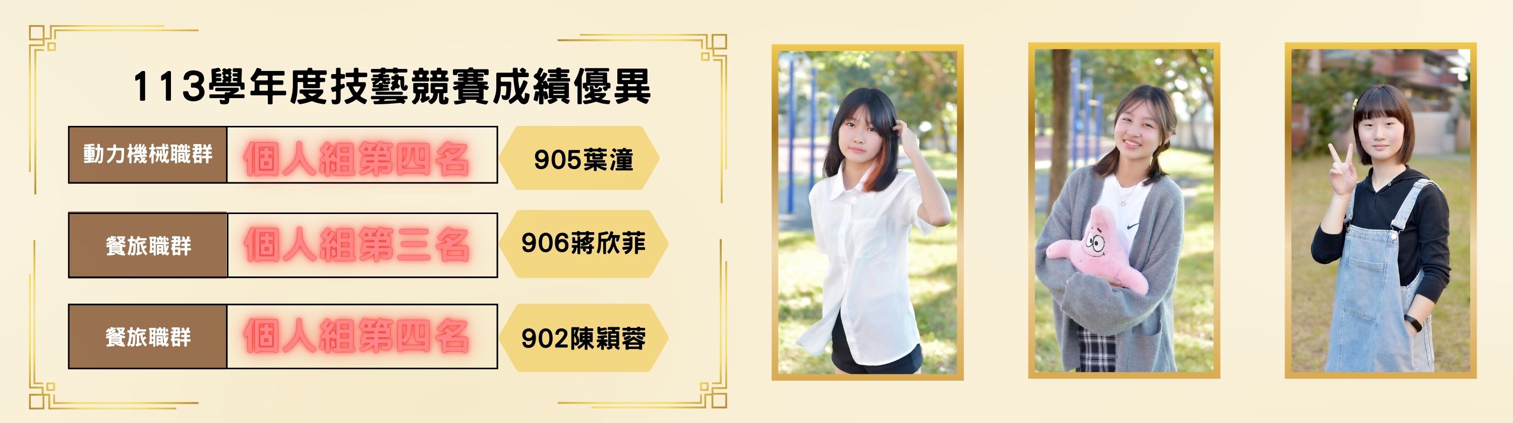 113學年度技藝競賽成績優異 動力機械職群 個人組第四名→905 葉灝  餐旅職群 個人組第三名→906 蔣欣菲  餐旅職群 個人組第四名→902 陳穎蓉